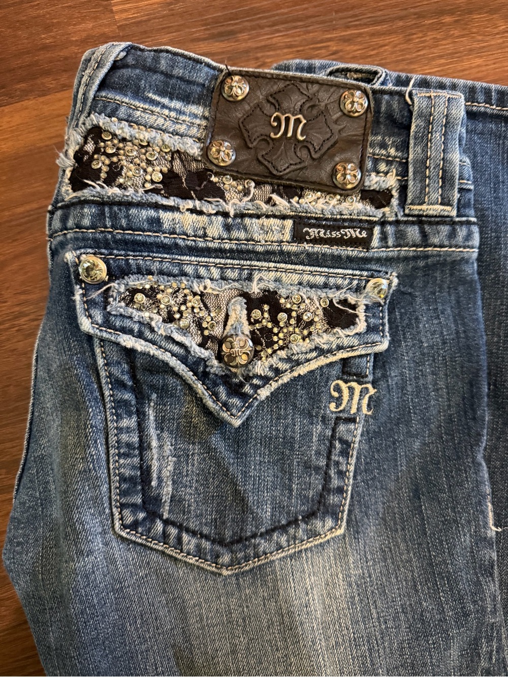 Miss Me Medium Blue Denim Bootcut Jeans with Embellished Pockets
